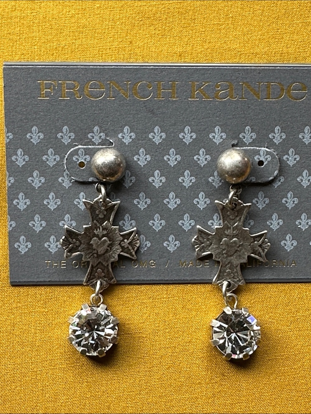 French Kande Silver Cross Drop Earrings with Clear Crystal